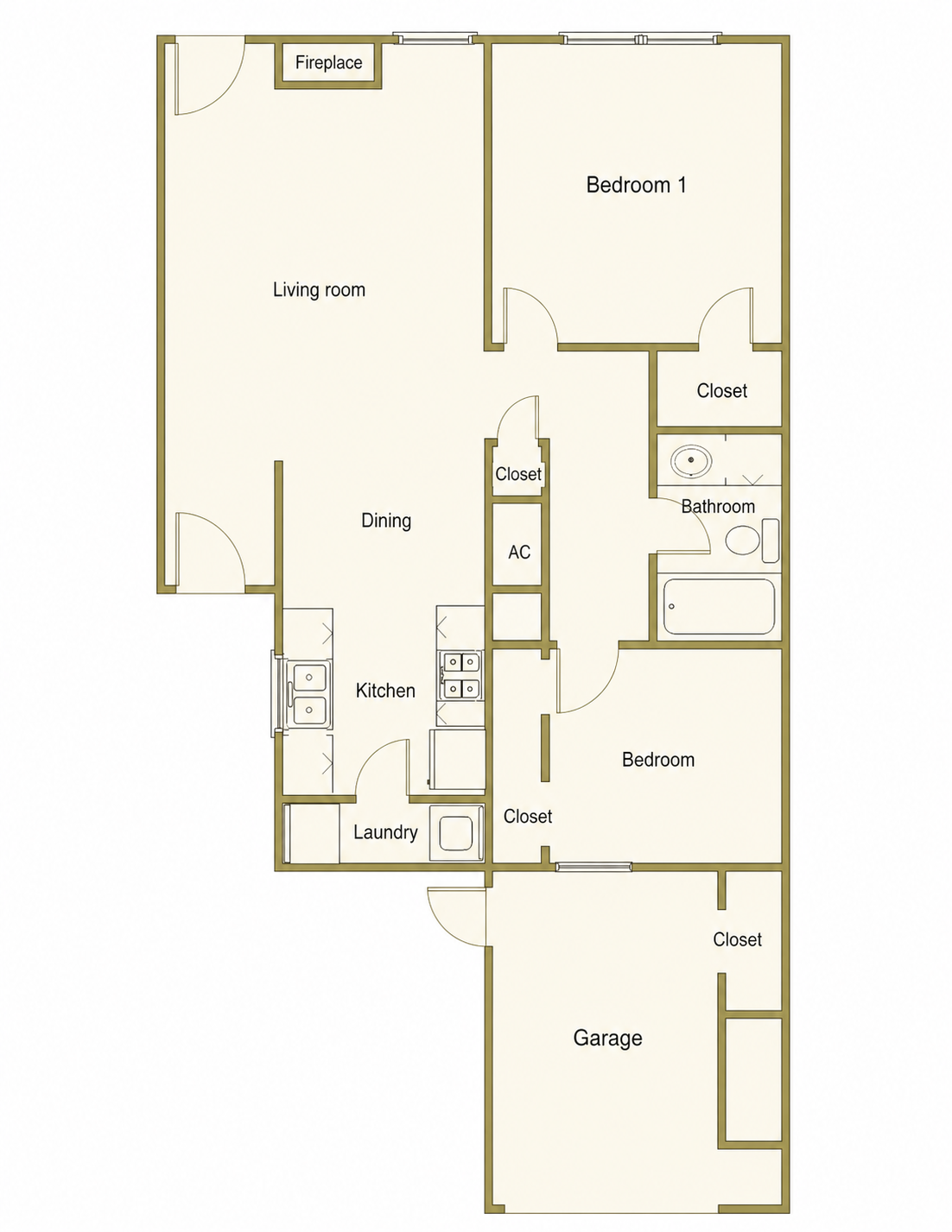 Two-bedroom graphical floor plan with garage